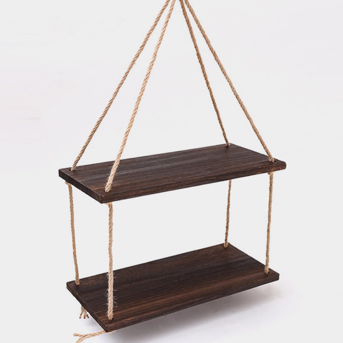 Mensole Sospese a Parete Boho in Legno Nero Corda di Juta Set Doppio Porta Piante e Oggetti Decorativi per Soggiorno Camera da Letto e Studio Supporto Rustico Multifunzione