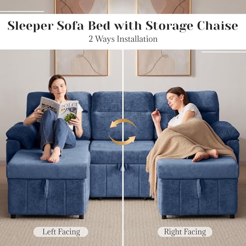 Tbfit 80" Sleeper Sofa Bed, 3 in 1 Cloud Pull Out Sofa Couch with USB & Storage Chaise, Chenille Convertible Sofa Bed with Pull Out Bed, Couches for Living Room, Apartment, Office, Blue - image 2
