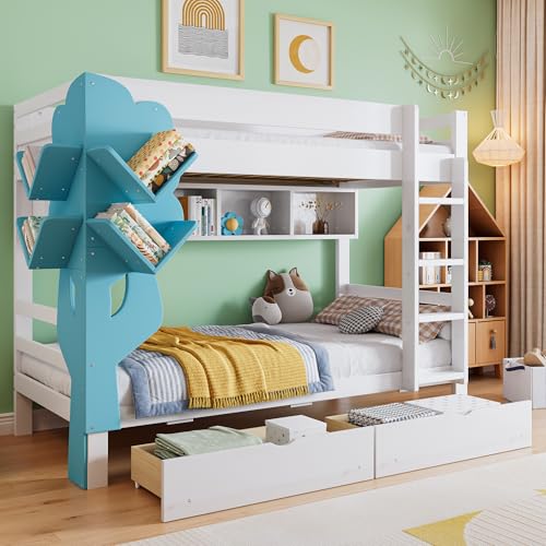 Rtopsu Letto a Castello per Bambini 90x200 cm con Libreria a Forma di Albero e Protezione Anticaduta, Letto a Soppalco...