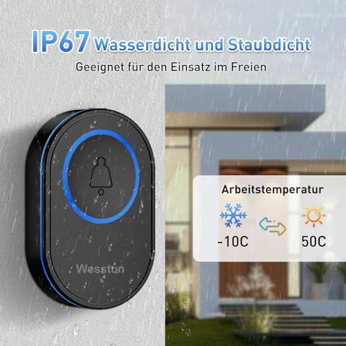 Wesstun Funkklingel, Türklingel Funk Set mit großer Reichweite, IP67 Aussen Wasserdicht Haustür Klingel, Türklingel Kabellos mit 39 Melodien, 5 Lautstärkepegel, Einfache Installation zu Hause, Schwarz