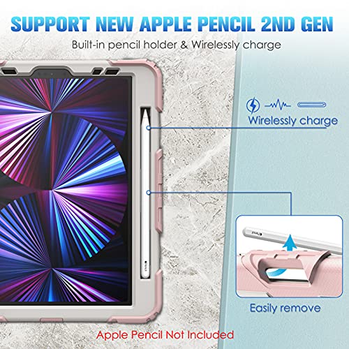 Casebot Ipad Pro 11 Inch Case 2022/2021/2020 With Screen Protector, [360° Rotating Kickstand] Full Body Rugged Shockproof Cover With Hand Shoulder Strap&Pencil Holder, Also Fit Ipad Air 4Th Gen, Rose #TOP1