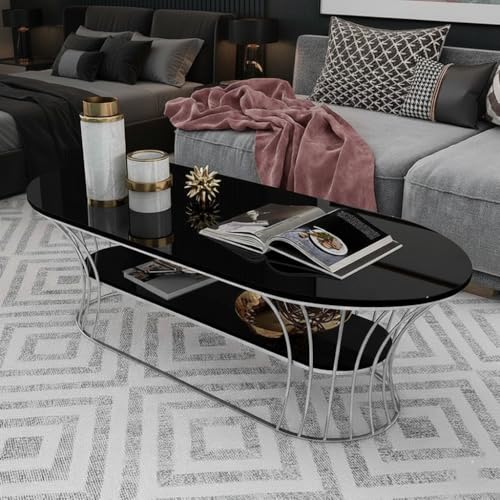 Image of Metal Oval Coffee Table Living Room Sofa Side Cabinet Small Table Creative Household Removable Coffee Table (Silver Black)