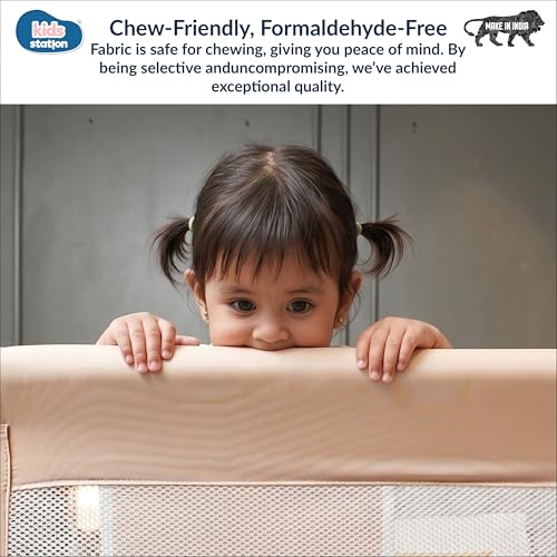 Image of Kids Station 3 Side Premium Bed Rail Guard (6.6ftx6ftx6.6ft / 200cmx180cmx200cm), Bed Railing for Baby Safety, Kids Toddler Bed Protector Side Walls, Adjustable Height, Portable & Foldable (Beige)