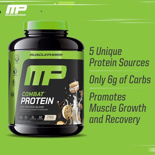 Image of MusclePharm Combat Protein Powder, Cookies 'N' Cream Flavor, Fuels Muscles for Productive Workouts, 5 Protein Sources including Whey Protein Isolate & Egg Albumin, Gluten Free, 4 lb, 52 Servings