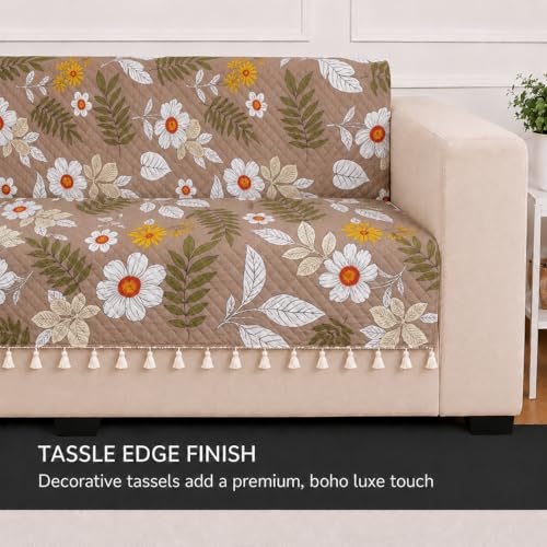 Image of STITCHNEST 'Frostvine Collection' 3 Seater Sofa Cover - Full Coverage| Cotton Quilted Fabric, Decorative Tassels, Washable & Durable for Modern Living