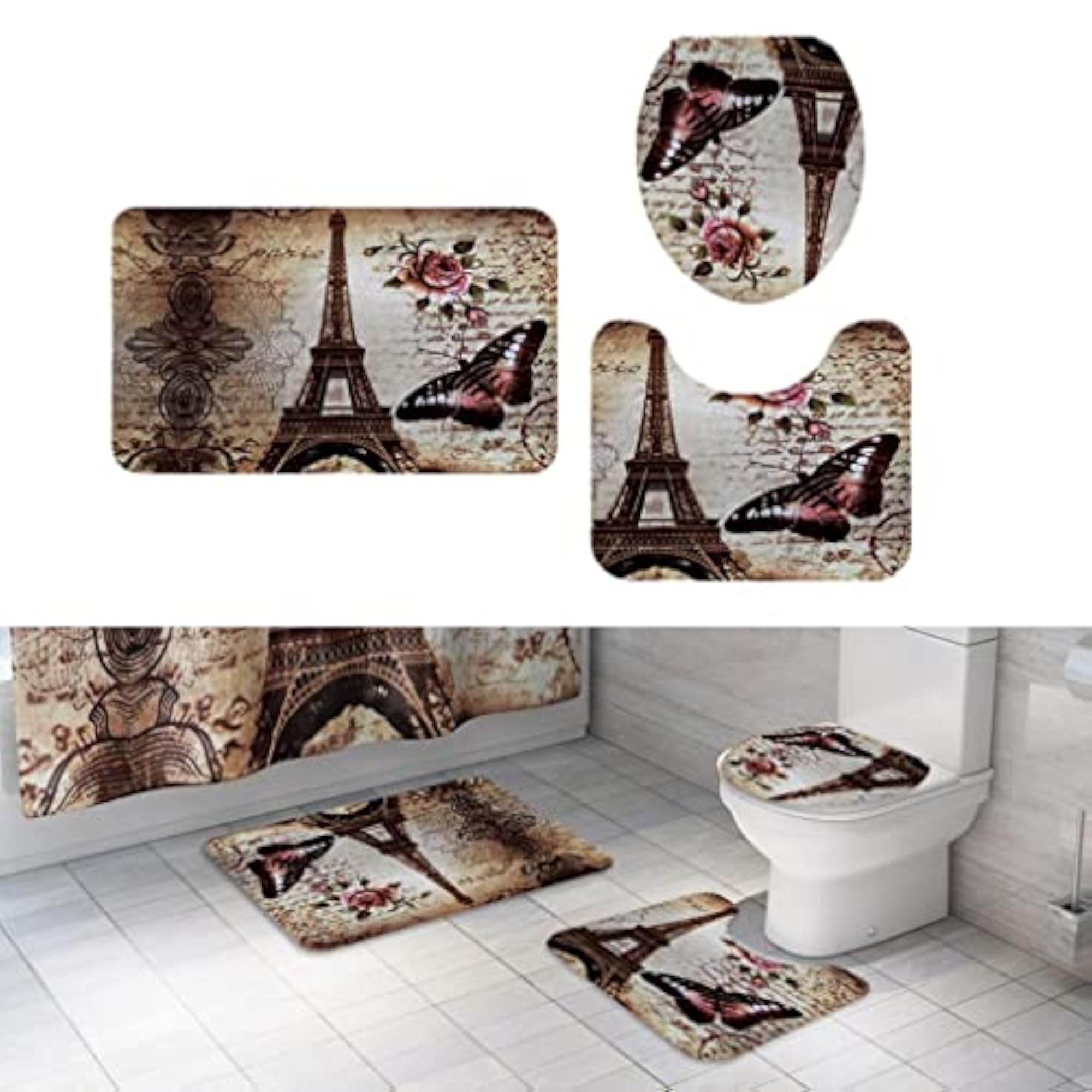 3 Pcs Eiffel Tower Bathroom Rug Set, Landscape Pattern