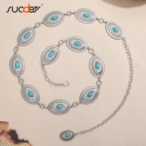 SUOSDEY Western Chain Belts for Women Cowgirl Concho Country Turquoise Belts Fashion Waist Belt for Dresses Jeans4