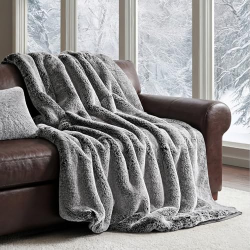 EVERGRACEHOME Luxury Soft Faux Chinchilla Fur Throw Blanket for Couch, Warm Thick Heavy Winter Throw Blanket 1220GSM for Bed, Fluffy Cozy Mink Blanket with Reversible Velvet, Onyx Mink, 60"x80"