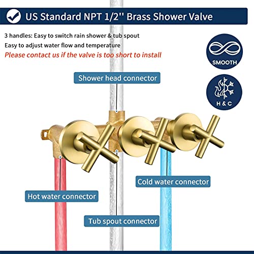 Image of 3 Handle Shower Faucet Set with Tub Spout Bathtub Shower Faucet Combo Set Shower System Complete Tub and Shower Trim Kit Shower Fixture Brushed Gold