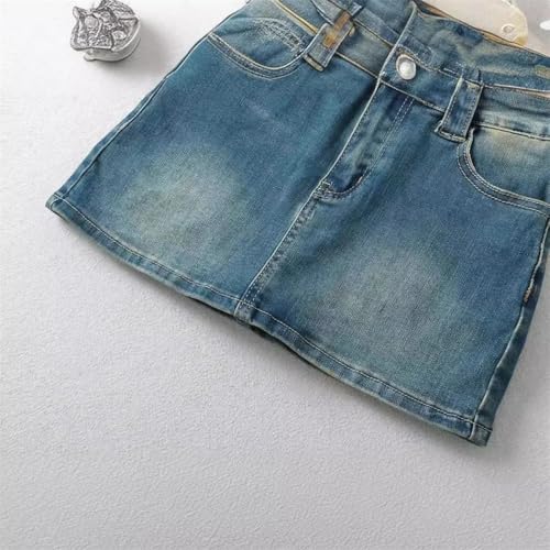 Women's Retro Washed Bleach Denim Mini Skirt High Waist Slimming Bodycon Cotton Knitted Short Skirt4