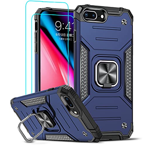 LeYi Funda para iPhone 6 Plus/iPhone 7 Plus/iPhone 8 Plus Armor Carcasa con [2 Unidades] Cristal Templado, Cover con 360 Grados Magnetic Anillo Hard PC y Silicona TPU Bumper antigolpes,Azul