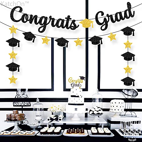 Image of Graduation Decorations 2026 | Glitter Black and Gold Congrats Grad Banner - 10 Feet | Black and Gold Graduation Banner | Cap Garland for 2026 | 2026 Grad Party Decorations, KatchOn
