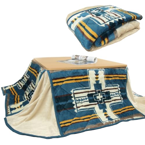 リヴェール こたつ布団 正方形 省スペース こたつ掛け布団 洗える フランネル あったか 薄掛け ネイティブ エスニック おしゃれ コタツ布団 (ブルー, 小さめ 160×160cm)