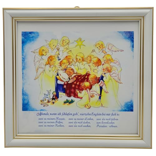 Lunexus Figura de ángel de la guarda 'Catorce Englein' con texto de oración - según Pauli Ebner - Regalo para bebé habitación infantil bautizo - bendecido con certificado - Marco de madera de cristal