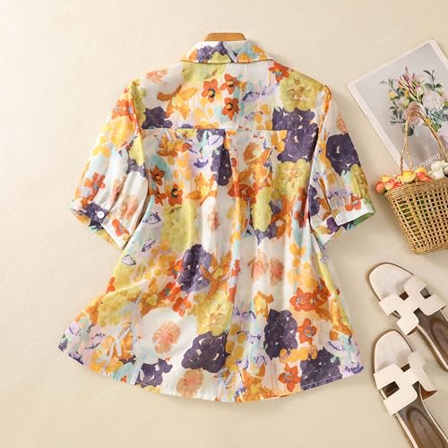 Image of Gufrina Women Mustard Multicolor Floral Print Button-Down Shirt with Elbow Sleeves and Collar Neck in Soft Breathable Fabric Ideal for Casual wear and Relaxed Styling