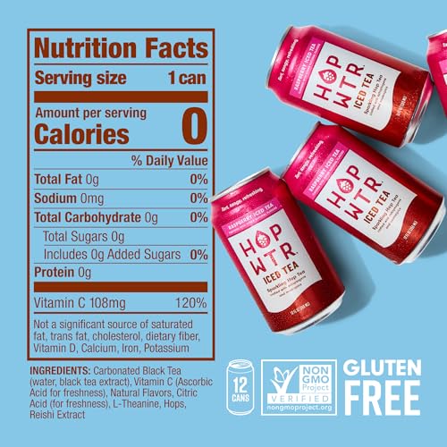 Image of HOPWTR Raspberry Iced Tea, Non Alcoholic Sparkling Tea with Adaptogens, Nootropics & Vitamin C, Zero Sugar Zero Calorie Functional Beverage, Gluten Free Hop Water Drink (12 Pack, 12oz Cans)
