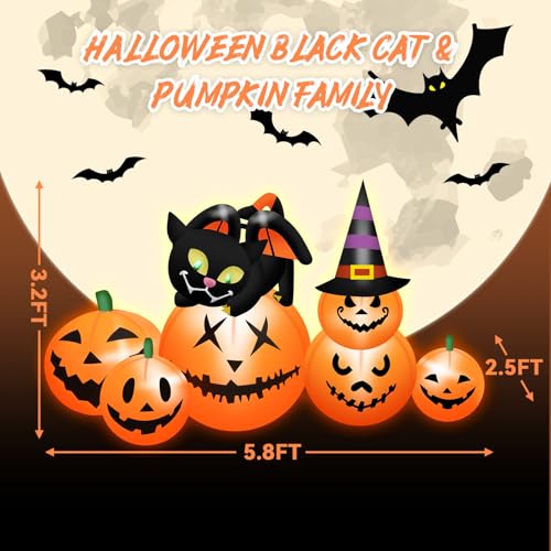Hystun HY-CQM-NEW 5.8 Ft Long Halloween Inflatables Pumpkin Outdoor Decorations Blow Up Inflatables Pumpkin Patch With Black Cat & Witch Hat Build-In Leds Outdoor Blow Up Yard Decorations For Holiday Party Lawn Garden thumb #3
