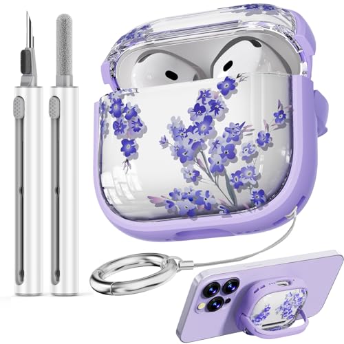 Image of Inesore for AirPods 4 Case Cover 2024 with Lock-Purple Bell Flower | Two-Piece Design,with Gold Keychain & Cleaning Pen,Support Wireless Charging,Cute Luxury Case for Women Girly