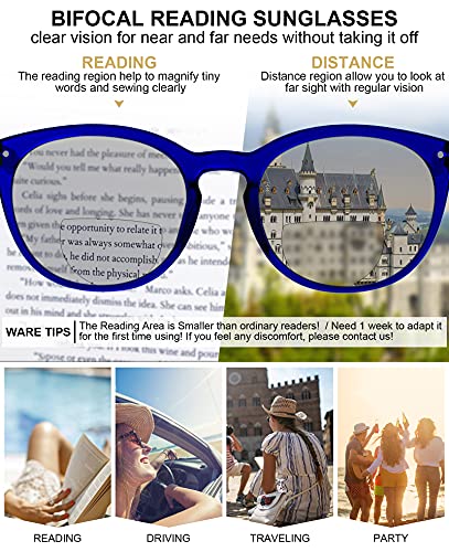 Image of MARE AZZURO Round Bifocal Reading Sunglasses Women Large Outdoor Readers 1.00 1.50 2.00 2.50 3.00 3.50 (Blue, 3.0)