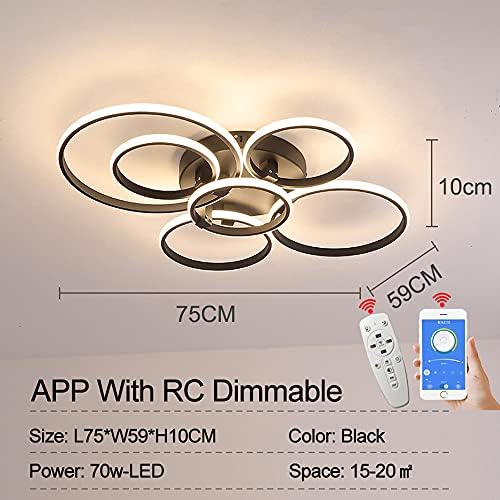 Ceiling Light 6 Rings LED Modern Nordic Luxury Dimmable with Remote Control Black White Large Ceiling Lamp for Living Room Bedroom Lobby Office 70W (Black)