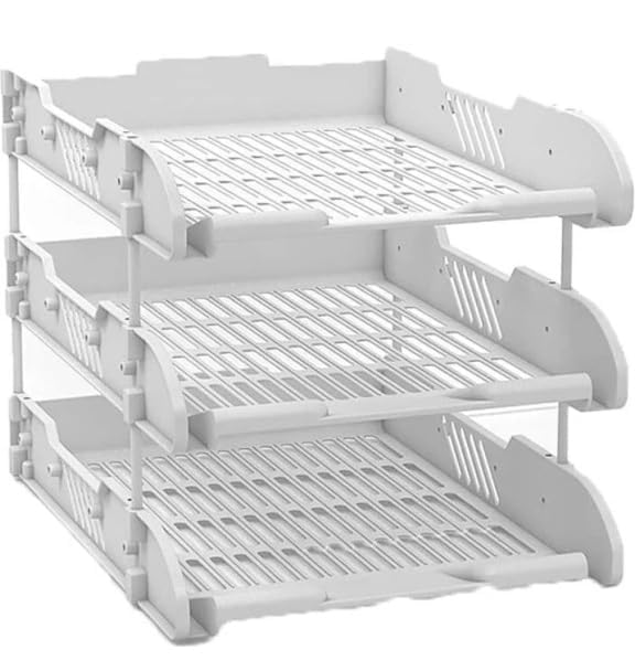 Image of 3 Layer Foldable File Rack | ABS Plastic Desk Organizer Tray for Office, School & Home | Multi-Tier Paper & Document Storage Shelf | Sturdy Off-White Finish