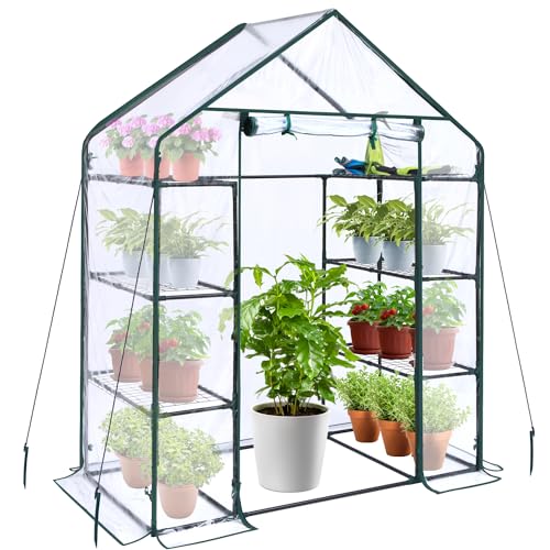 Image of Ohuhu Small Greenhouse for Outdoors: 4 Tiers 6 Shelves Walk-in Indoor Green House Heavy Duty Plant Stands Reinforced Plastic PVC Cover Mini Portable Warm House for Outside, 4.8x2.5x6.4 FT