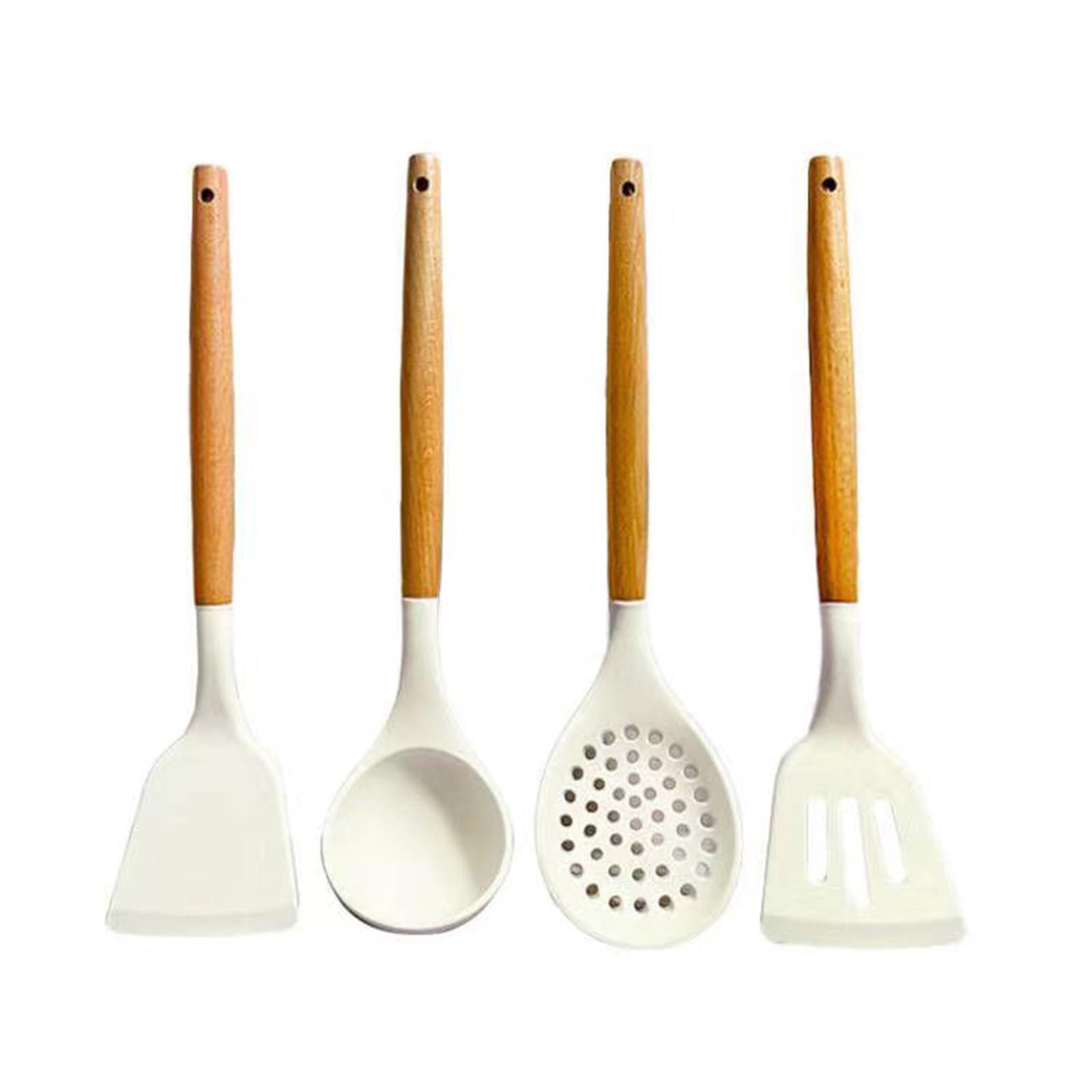 Silicone Cooking Utensils Set, Four-Piece, Soup, Spoon, Spatula, Non Toxic Wooden Handle Spatula Set Used For Bake & Cooking,White