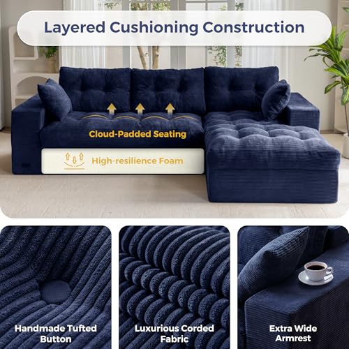 Image of MAXYOYO 104 inch L Shaped Modular Sectional Sofa with Ottoman, Tufted Boneless Couch with Layered Cushion, Upholstered Flexible Module Combination Sofa for Living Room, No Assembly, Navy