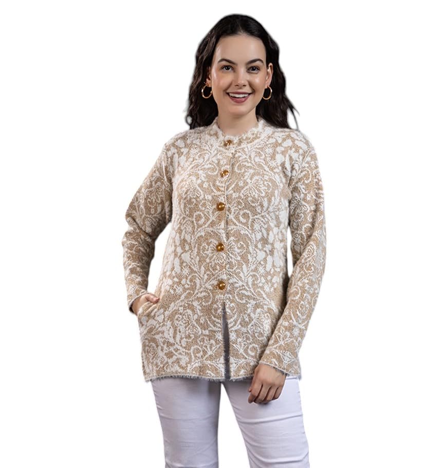 Women Woolen Round Neck Self Design Cardigan | Heavy Hair Fabric Winter Wear | Pure Wool Long Cotty Fully Warm Cardigan Sweater