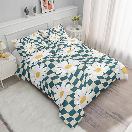Image of Kids Comforter Set Checkerboard Daisy Printed Pattern Bedding Set with 1 Comforter and 2 Pillowcases for Girls Boys Bedroom All Season(Checkerboard Daisy Twin)
