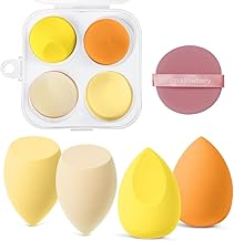 AUAUY Makeup Sponges, Beauty Sponge for Foundation 4 Pieces with 1 Holder and 1 Powder Puff, Multi-Color Cosmetic Applicator for Dry and Wet Use for Liquid, Cream and Powder (Yellow)