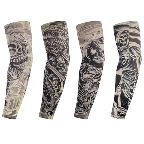 4 Stück Tattoo Ärmel Tattoo Armstrumpf für Männer Frauen Stretch Nylon Sonnencreme Armlinge Mehrere Muster Gefälschte Tattoo Strumpf Arm zum Sportschutz Sonnenschutz Belüftung Radfahren