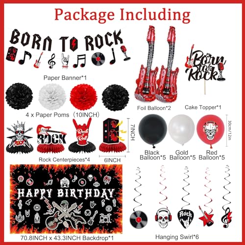 Image of Crenics Rock and Roll Birthday Party Decorations, Happy Birthday Backdrop | Born to Rock Banner, Swirls, Honeycomb, Paper Pom Poms and Balloons for Star Music Rock and Roll Decorations