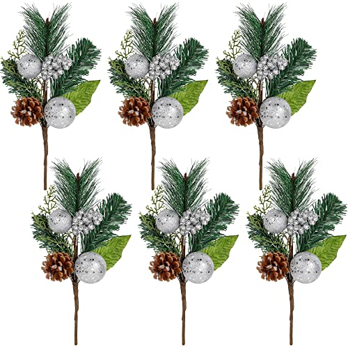 DR.DUDU Adornos para árbol de Navidad, 6 púas y aerosoles de 12 pulgadas con cono de pino marrón, hoja de flor de pascua verde, ramas de bayas artificiales, tallos para decoración de flores y