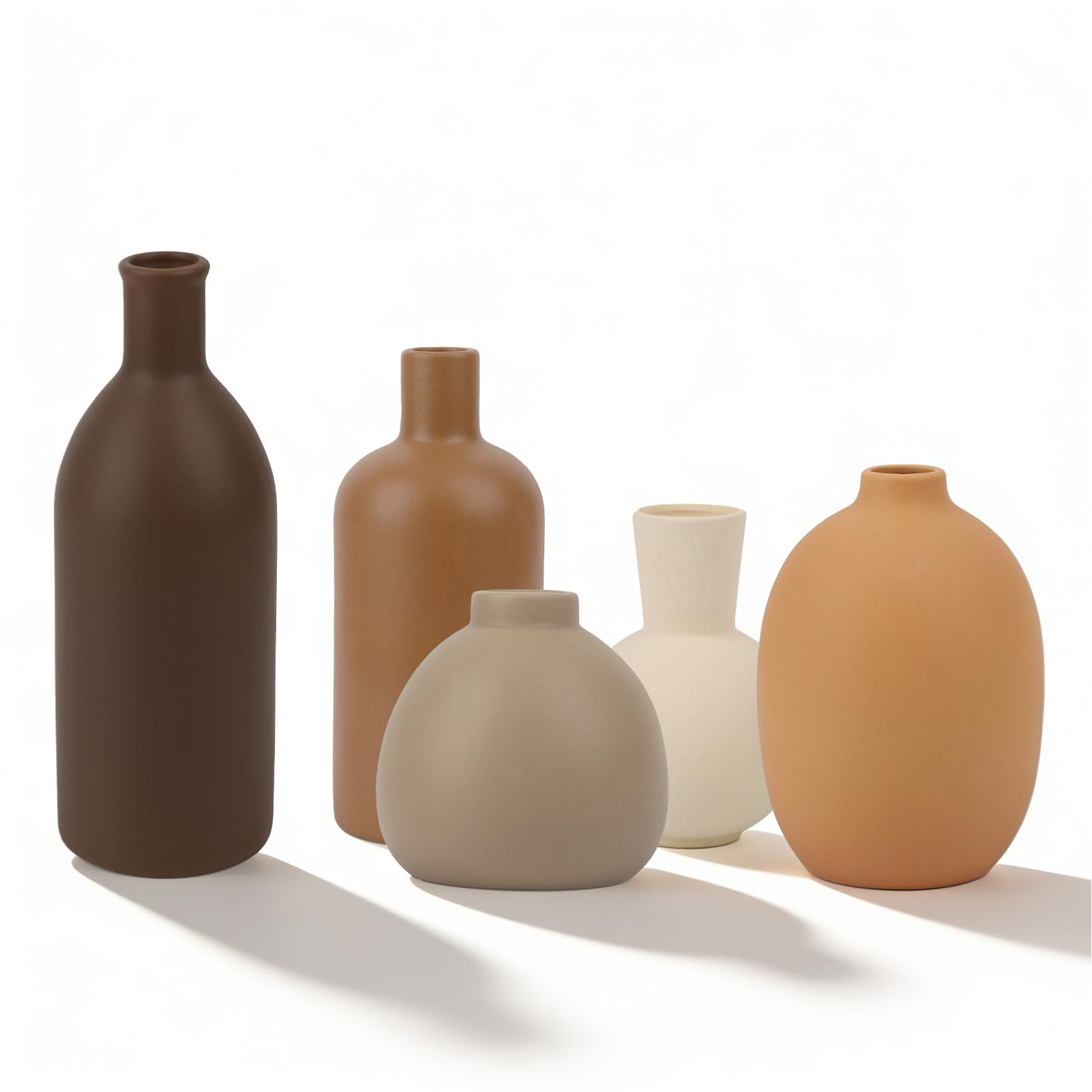 Zestaw 5 ceramicznych wazonów, neutralne odcienie ziemi, nowoczesna dekoracja boho do salonu, kominka, wejścia, ręcznie wykonane, matowe, wodoodporne, sztuczne kwiaty,
