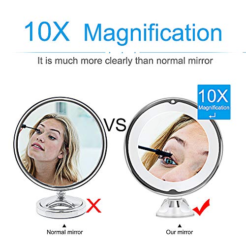 Makeup Mirror 10X Magnifying LED Light Daylight Travel Vanity Mirror Portable Illuminated Bathroom Mirror with Locking Suction Cup 360 Degree Swivel Battery Operated