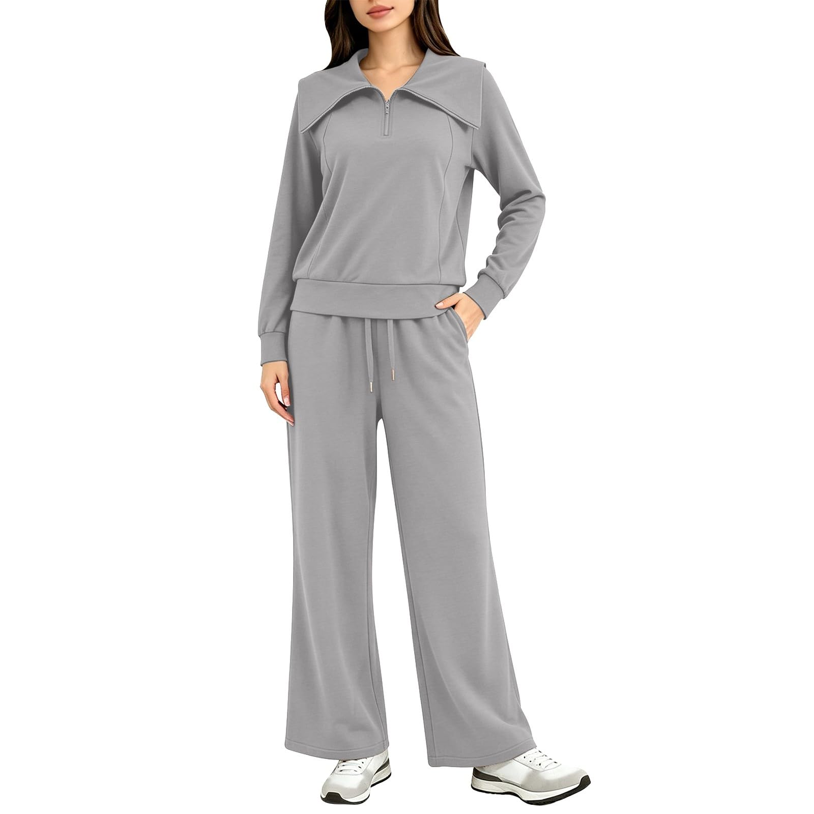 Donna Tute Cotone Felpa Oversize Con Zip a Quarto Manica Lunga Pantaloni | Completi Da Ginnastica Morbido Loungewear Tracksuit In Pile Oversize Curvy Set Felpata Da Casa Fitness Comodo Tinta Unita