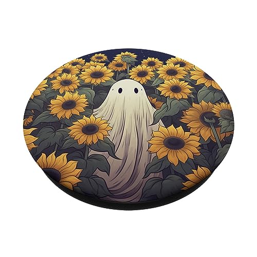 Vintage Ghost Sunflower Pattern Cute Halloween Floral Garden PopSockets Swappable PopGrip, Black - Image 2