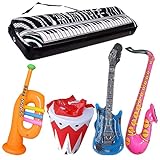 Conjunto de juguetes de instrumentos inflables: incluye guitarra de 95 cm, saxo de 70 cm, trompeta, órgano electrónico y tambor.