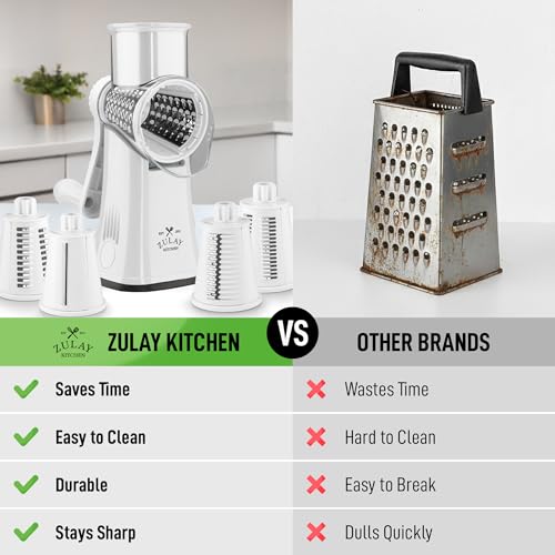 Image of Zulay Kitchen Rotary Cheese Grater 5 Blade Cheese Shredder - Manual Hand Crank Cheese Grater With Reinforced Suction & 5 Interchangeable Drums - Easy to Use, Vegetable Chopper Round Mandoline Slicer