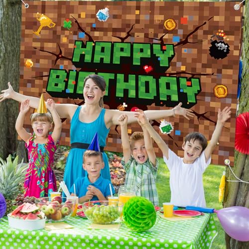 Image of Pixel Happy Birthday Backdrop, 83x59in /210x150cm Pixel Theme Party Decorations Video Game Banner Backdrop for Gaming Birthday Decor