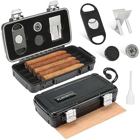 Travel Cigar Humidor Box Case with Cigar Accessories Cigar hygrometer &Spanish Cedar& Humidifier &Cigar Cutter &Cigar Stand Separate accessory storage space Can Hold 4-5 Count -Cigar The Best Gifts Cover