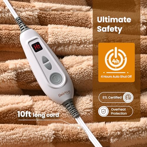 Image of Bearhug Heated Blanket Throw 50 inch x 60 inch Electric Blanket, Reversible Brown Plaid Sherpa Heating Blanket, 6-Heat Levels & 4H Auto Off, ETL, Machine Washable