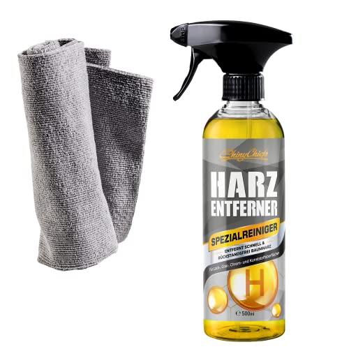 ShinyChiefs HARZENTFERNER Set Auto - Schnell wirkender Harzentferner Autolack - Entfernt effektiv Baumharz, Vogelkot, Teer & Wachse von Allen Oberflächen - Harz-Entferner für Auto & Tuch, 500ml