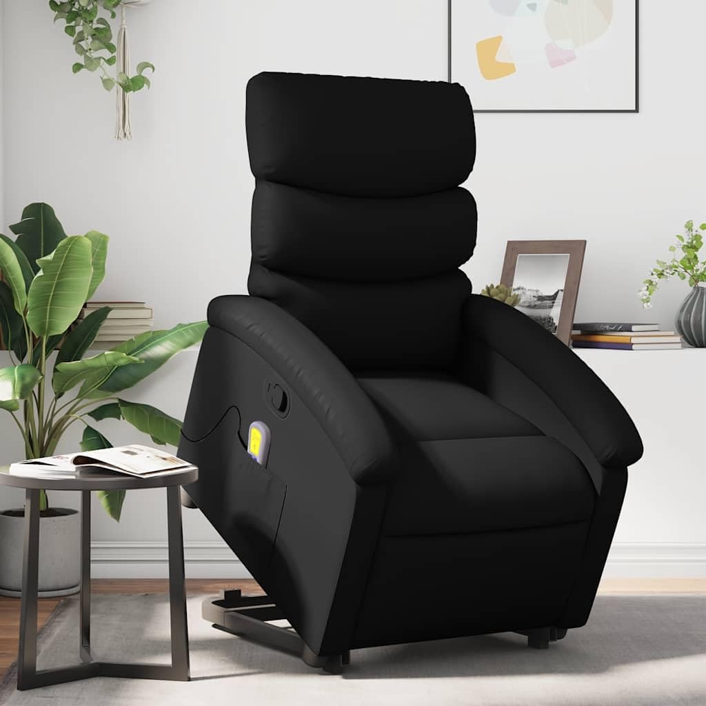 Sillón elevador reclinable con masaje de 6 puntos, función de elevación eléctrica y marco estable de piel sintética negra, asiento cómodo y asa de reclinación manual