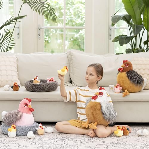 Image of MaoGoLan 8Pcs Chicken Stuffed Animals, Stuffed Laying Hen Chicken Plush Toys with 3 Babies Chickens and 3 Eggs,1 Nest House Plush Set, Cute and Soft Farm Stuffed Animals Gift for Kids,Girls,Boys,Pink