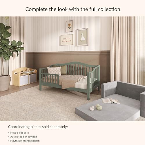 Image of Dream On Me Austin Wooden Toddler Day Bed for Kids, Meadow Green | GREENGUARD Gold Certified & BSA Verified, Low-to-Floor Design, Removable Safety Guardrail, Solid New Zealand Pinewood