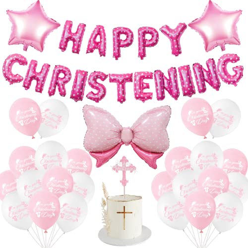 Sursurprise Christening Decorations Pink, Happy Christening Balloons Banner Cake Topper