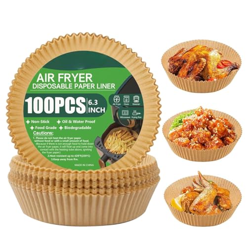 Image of Air Fryer Disposable Paper Liners Round - 100 Pcs Non-Stick Oil-Proof Parchment Sheets, Heat Resistant Basket Bowl Liners for Baking, Cooking, Roasting & Frying