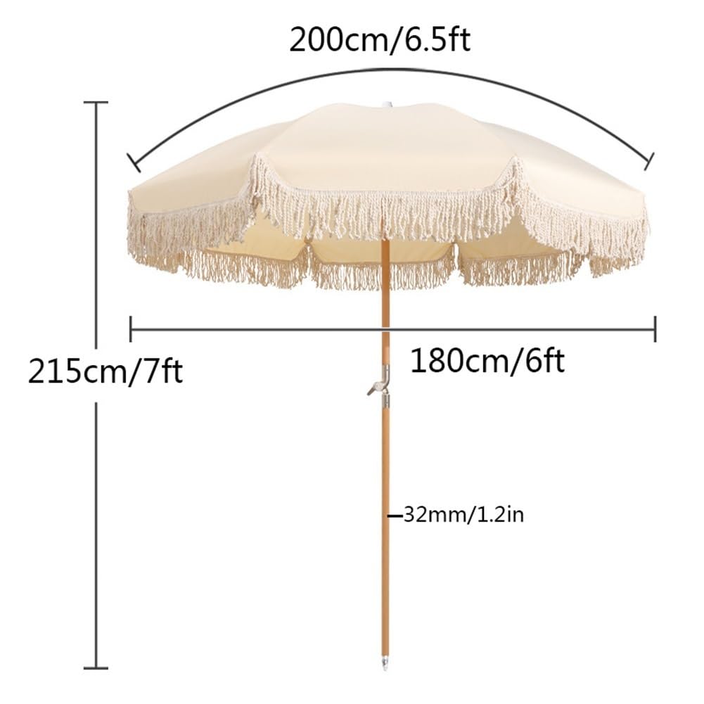 Boho Parasol Plażowy z Frędzlami, UPF 50+, Składany Przenośny, z Drewnianym Drążkiem, na Wakacjach, w Ogrodzie, na Trawniku, przy Basenie
